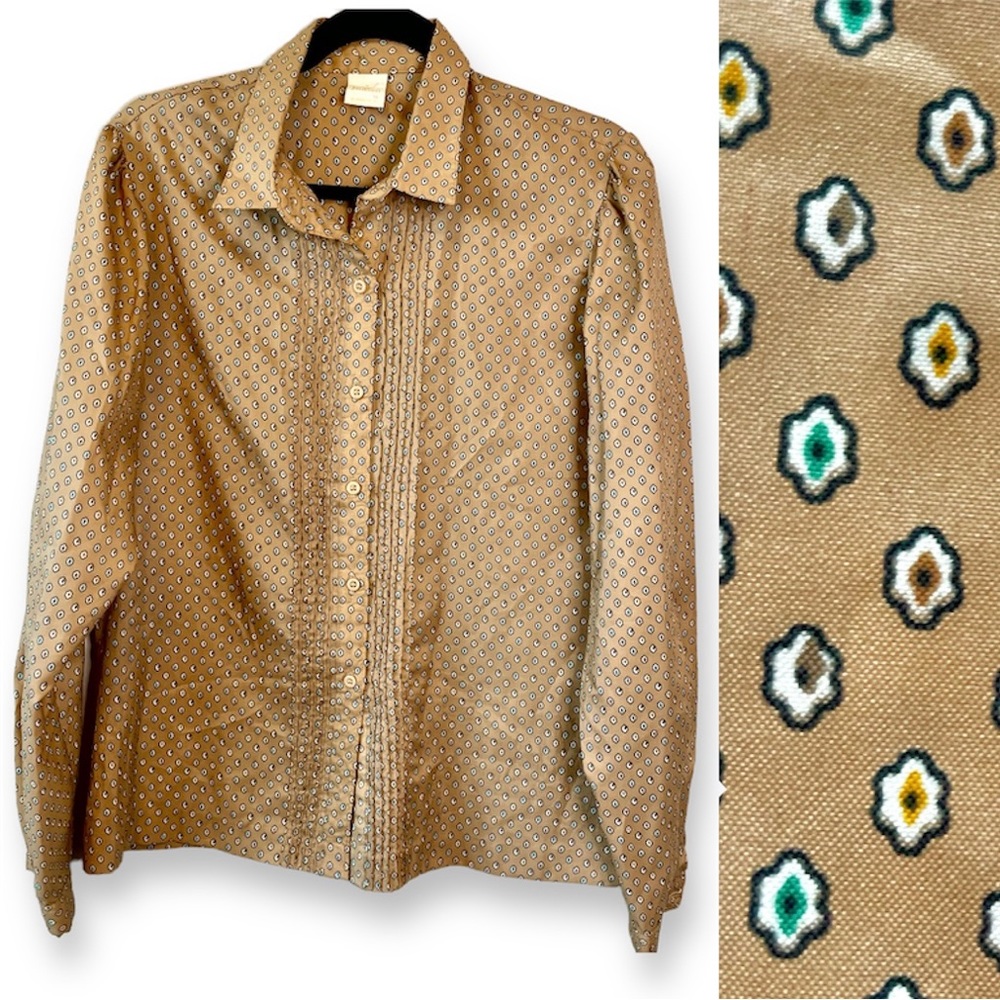 Vintage Jantzen Pleated Button Down Blouse Dress Shirt Size 16 Tan Brown Dots